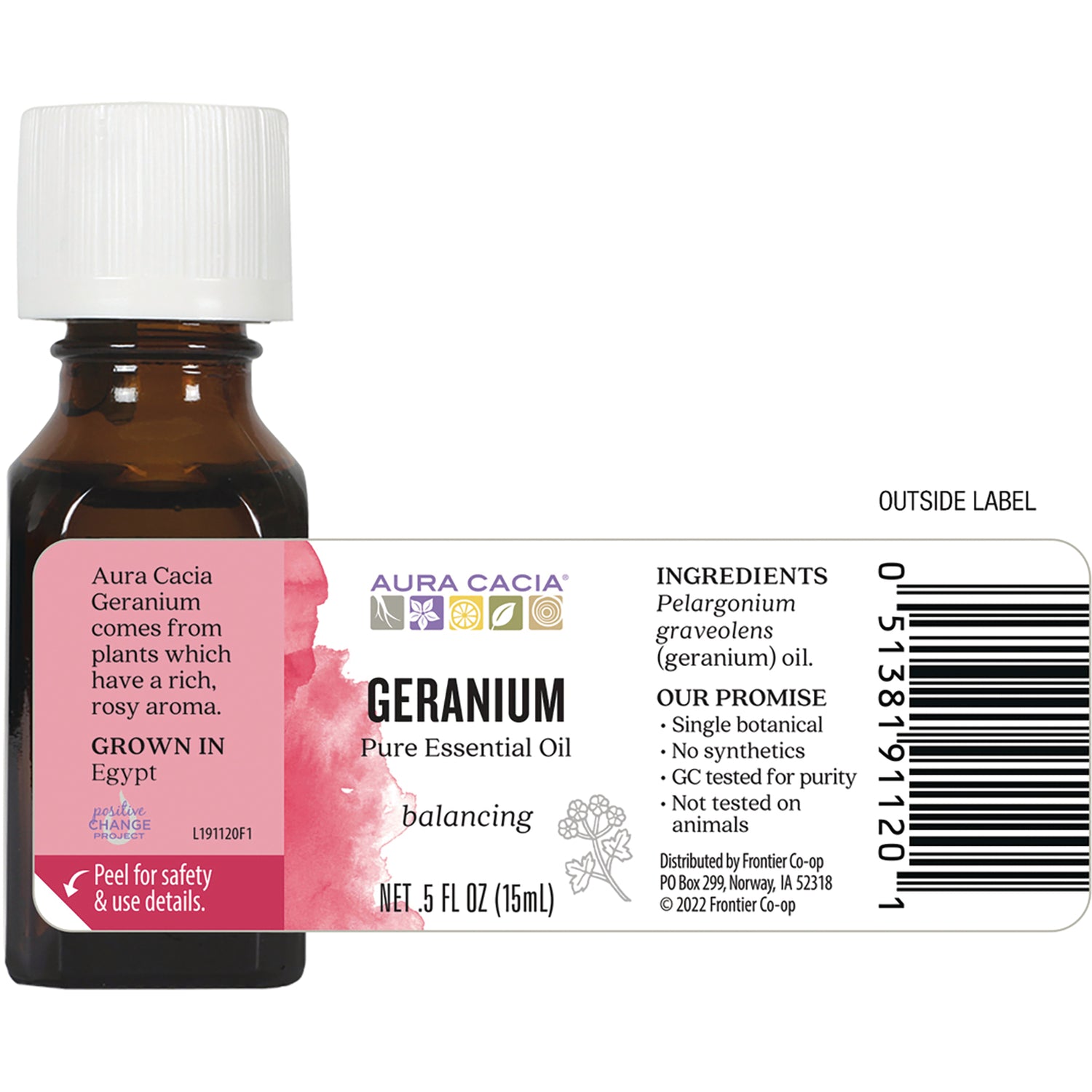 ARC010 | Back label of Aura Cacia Geranium pure essential oil bottle showing ingredients, promise text, barcode, NET .5 FL OZ (15 mL)