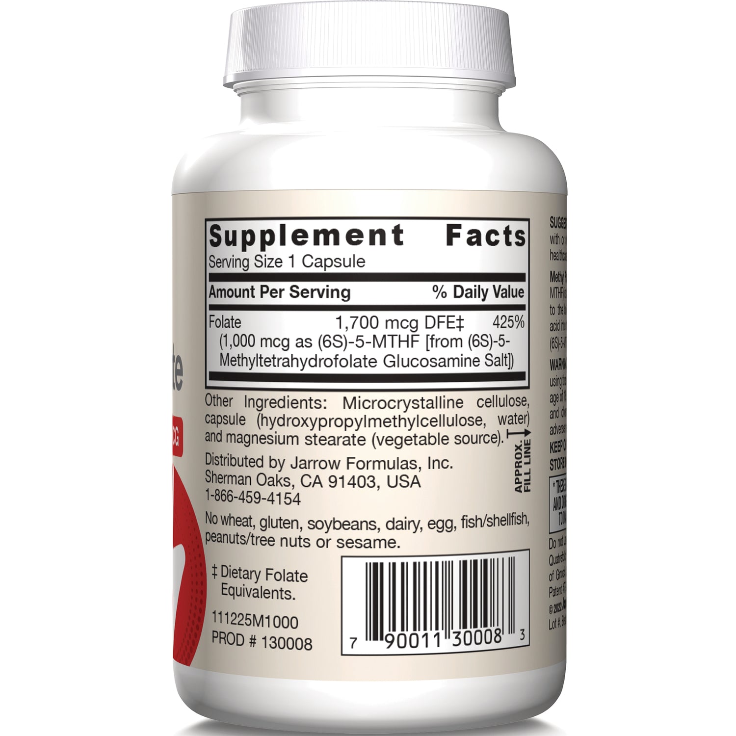 JR285 | back label showing Supplement Facts panel, folate amount, ingredients list and barcode on white bottle