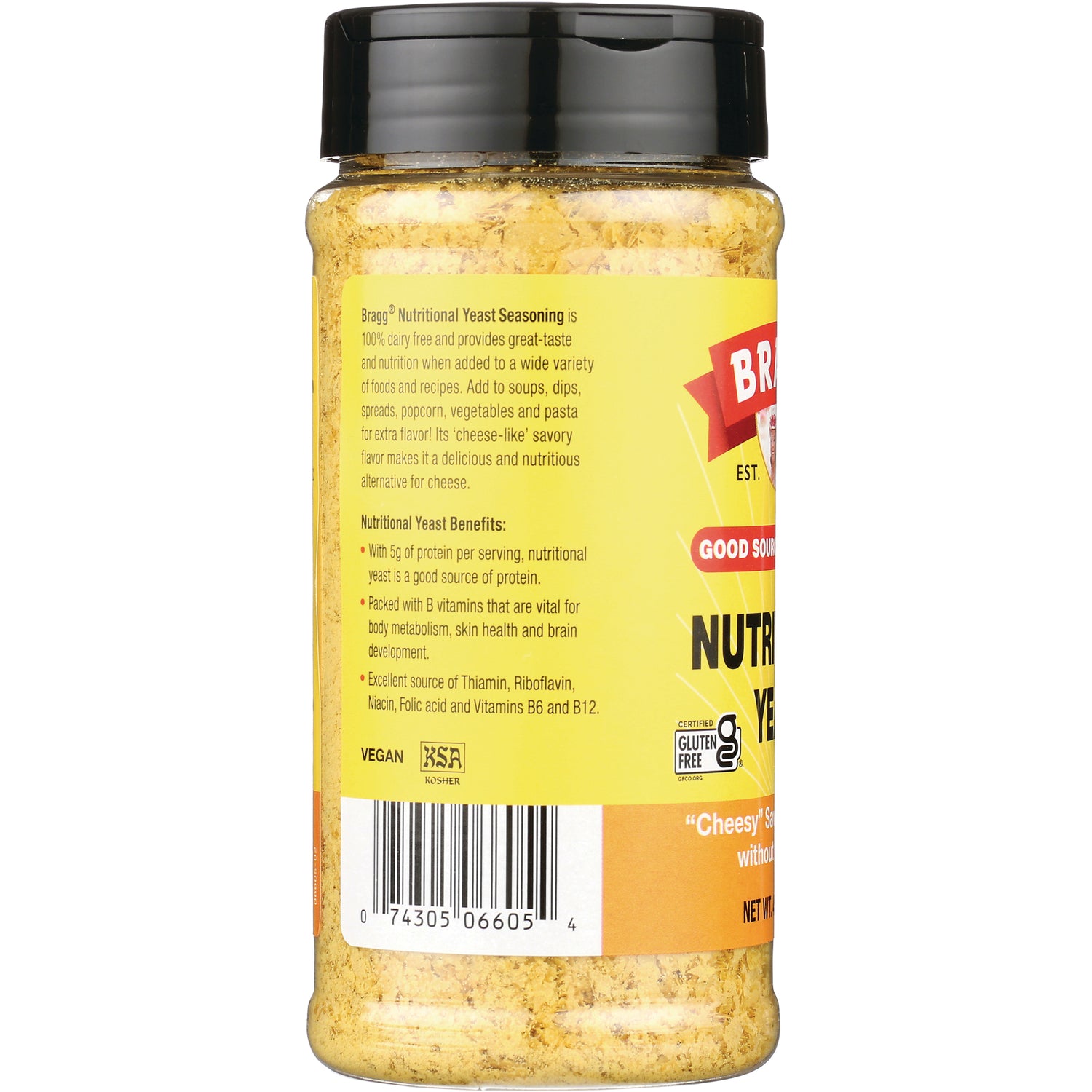BR013 | back label of nutritional yeast jar showing benefits text, vegan and gluten free icons and barcode