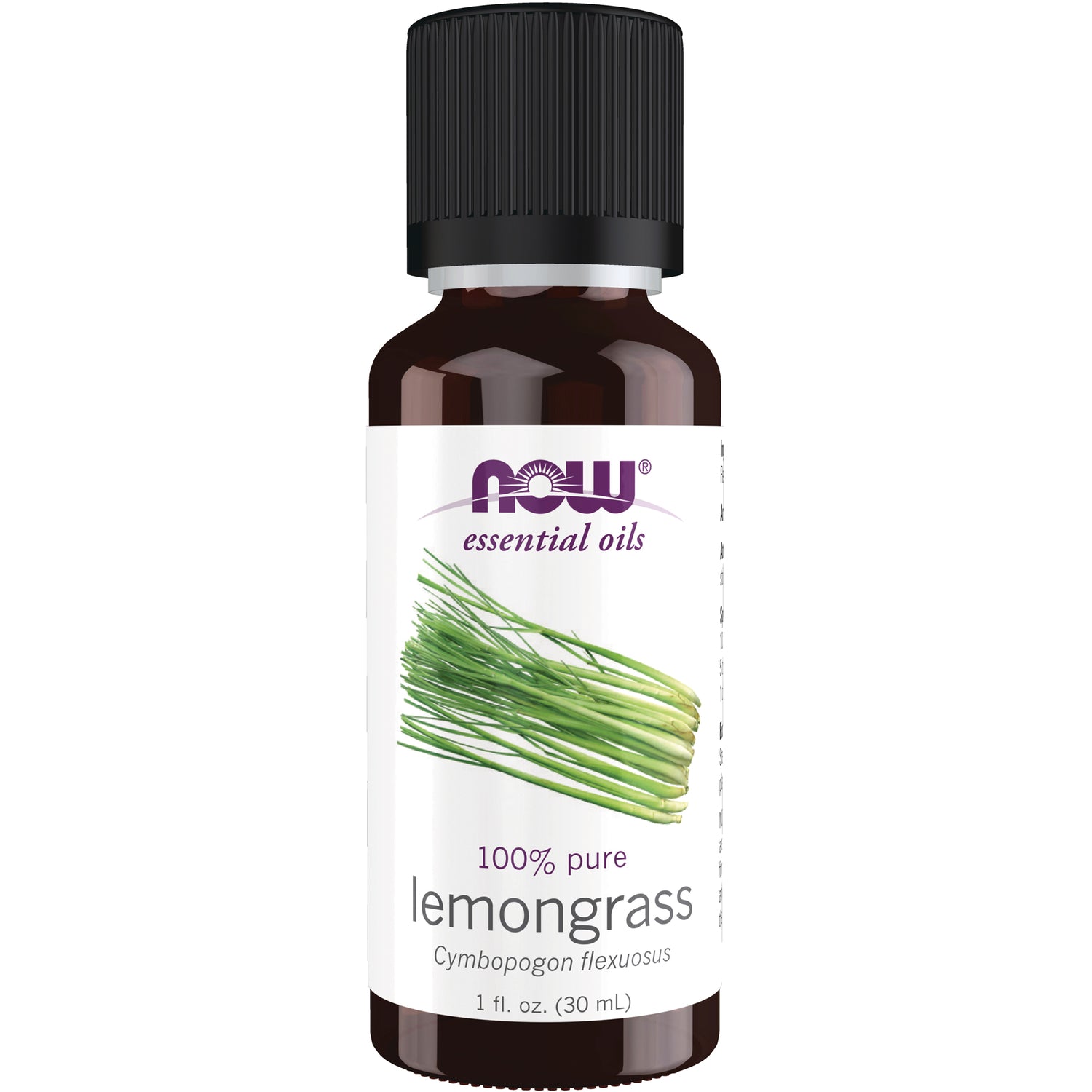 NWF1125 | NOW essential oils lemongrass 1 fl oz amber bottle with black cap and label showing lemongrass
