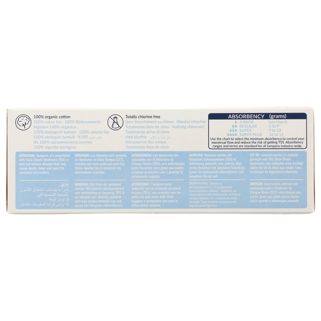 NCR003 | back of tampon box showing absorbency chart, 100% organic cotton label and multilingual warnings - Thumbnail