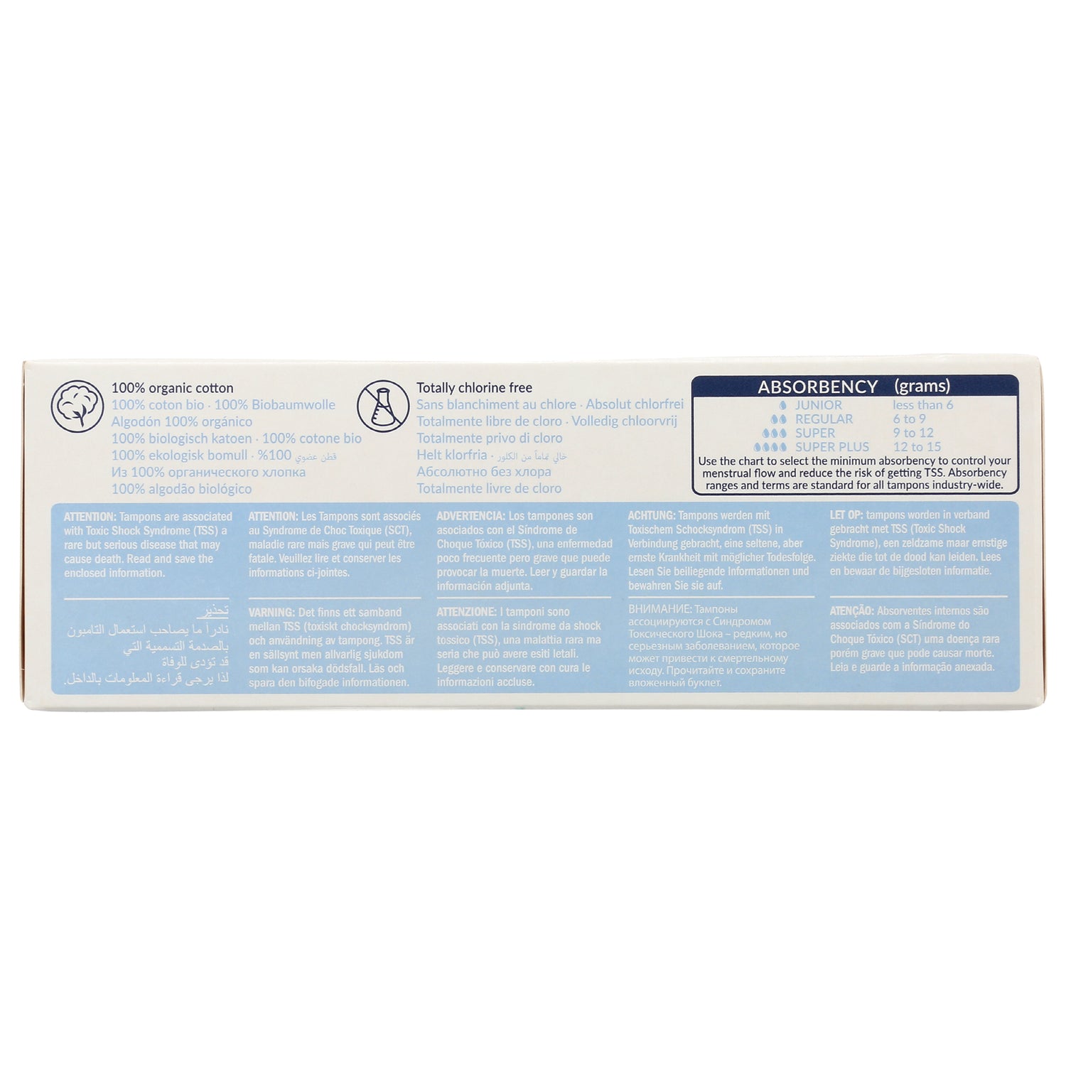 NCR003 | back of tampon box showing absorbency chart, 100% organic cotton label and multilingual warnings