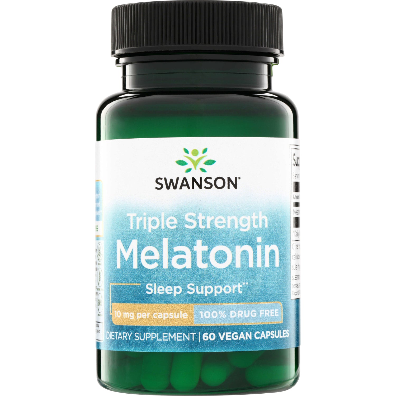 SWU305 | Swanson Triple Strength Melatonin bottle, Sleep Support, 10 mg per capsule, 60 vegan capsules