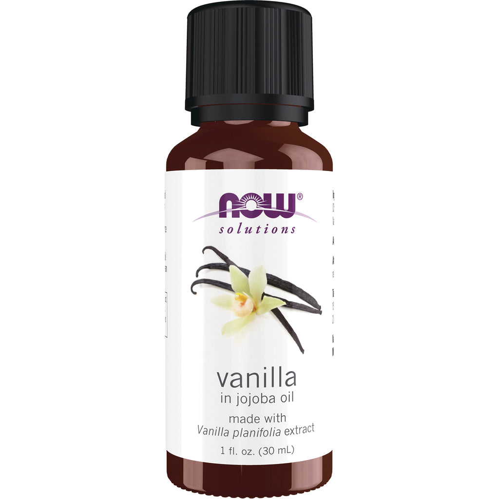 NWF642 | Amber bottle labeled NOW solutions vanilla in jojoba oil 1 fl oz showing vanilla pods and flower - Thumbnail