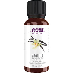 NWF642 | Amber bottle labeled NOW solutions vanilla in jojoba oil 1 fl oz showing vanilla pods and flower