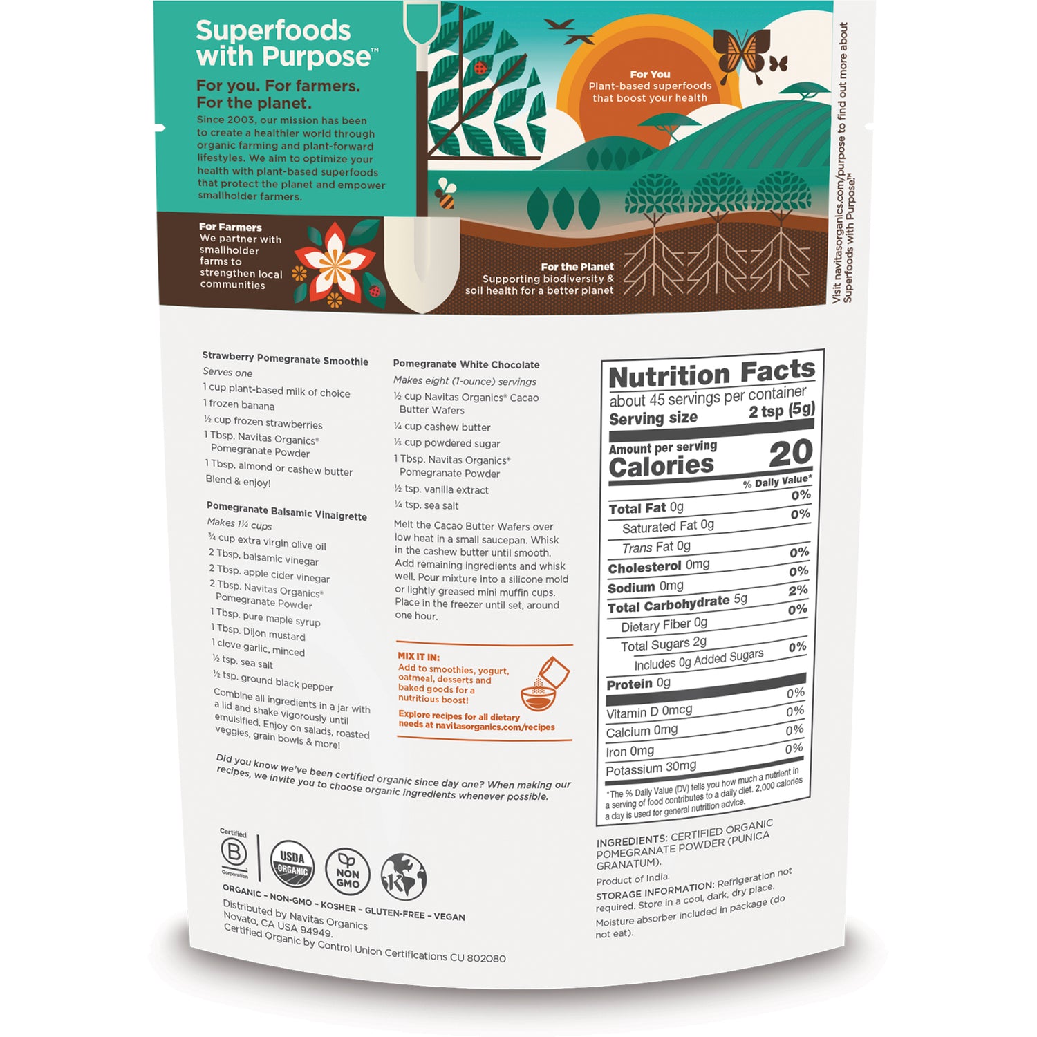 NAV023 | back of pouch showing Nutrition Facts panel, recipes, and Superfoods with Purpose branding