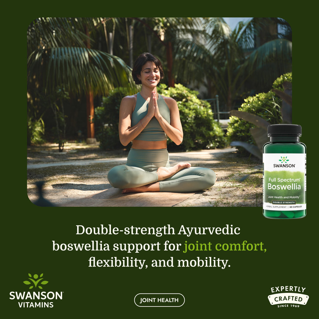 SW1589 | Woman meditating outdoors beside a Swanson Boswellia bottle, with text about joint comfort and mobility - Thumbnail