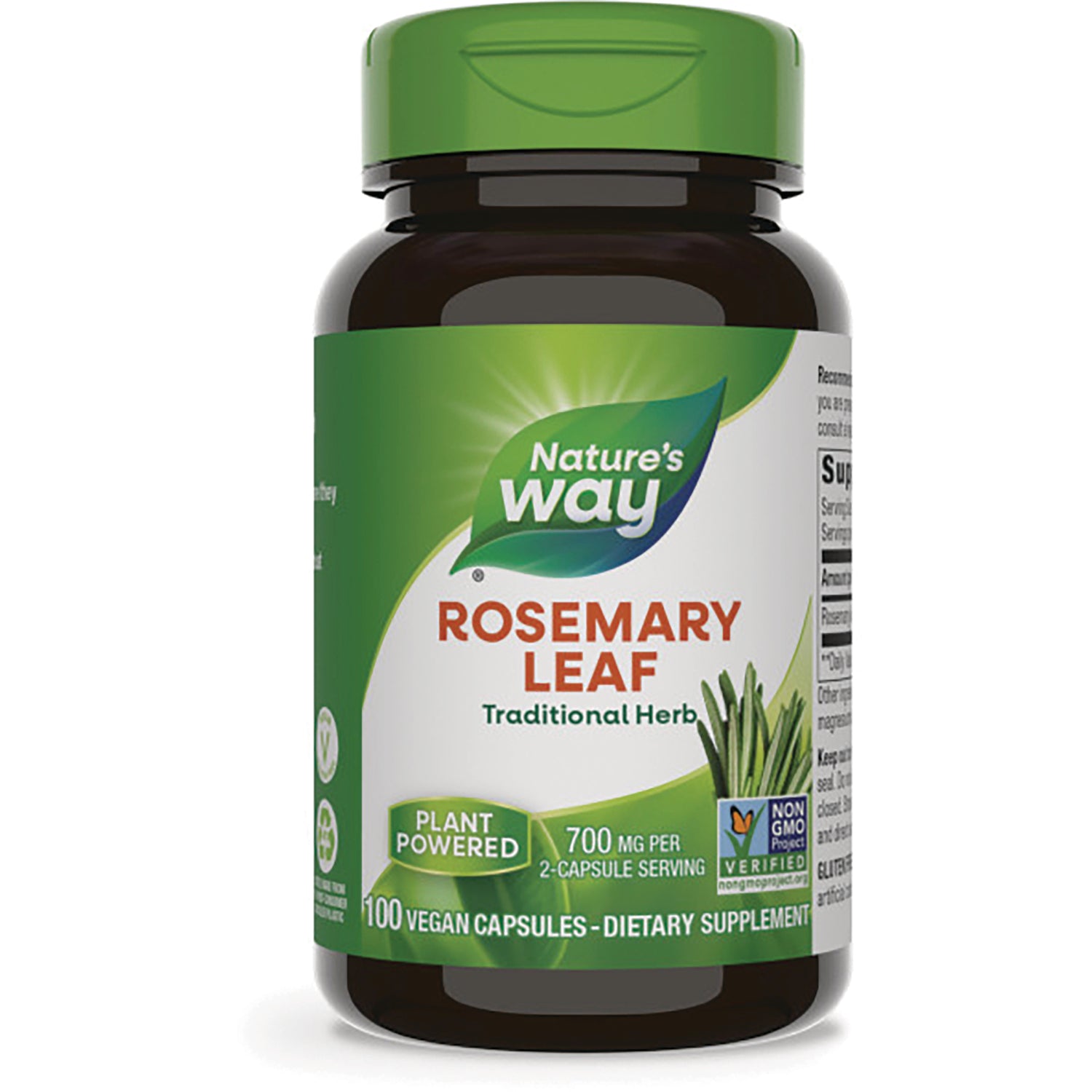 NW946 | Nature's Way Rosemary Leaf supplement bottle with green cap, label showing 700 mg per 2-capsule serving and 100 vegan capsules
