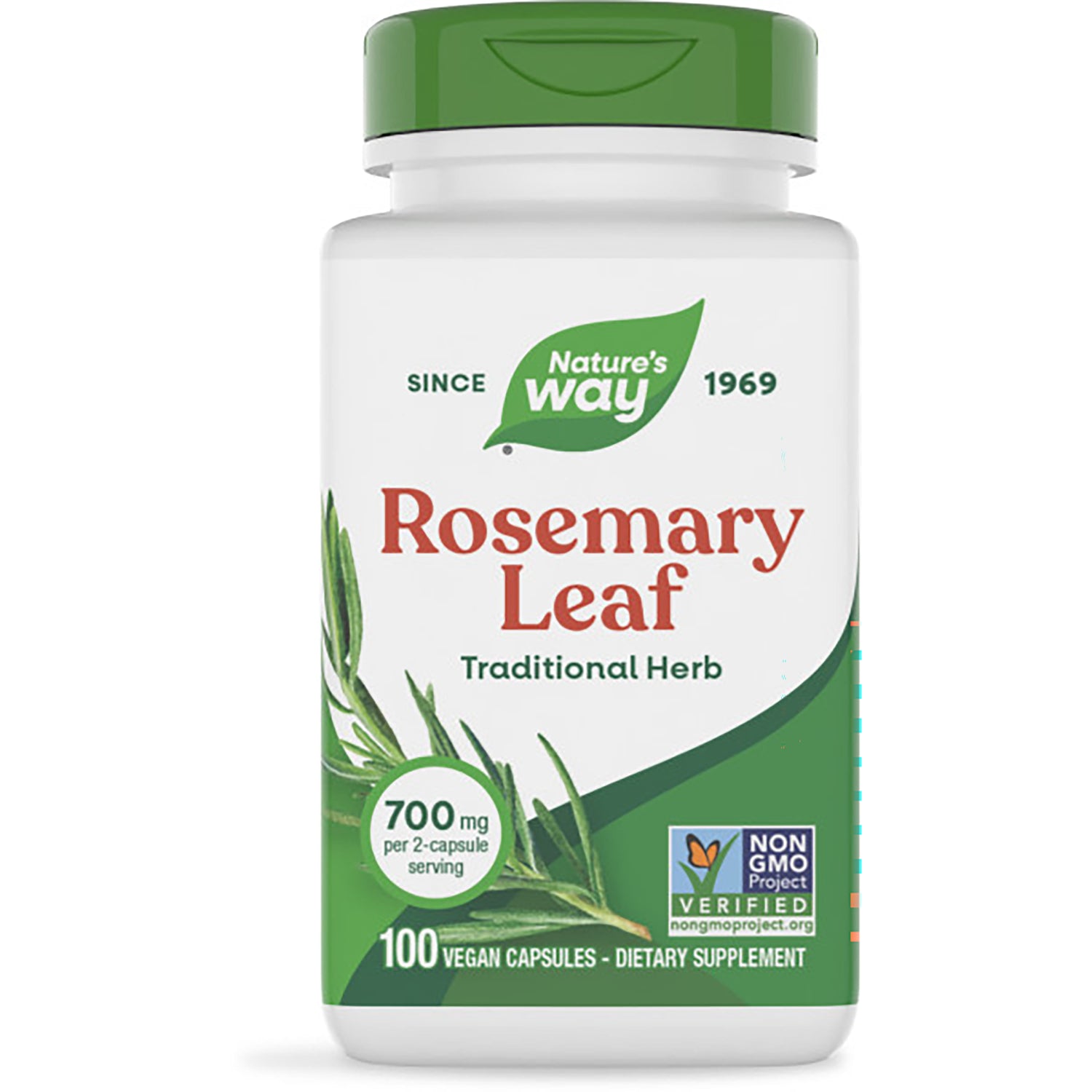 NW946 | Nature's Way Rosemary Leaf supplement bottle with green cap, label showing 700 mg per 2-capsule serving and 100 vegan capsules
