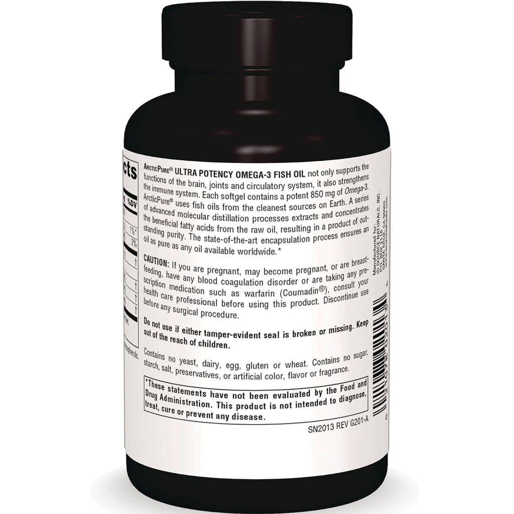 SN318 | Back label of ArcticPure Ultra Potency Omega-3 Fish Oil bottle with caution and ingredients text - Thumbnail