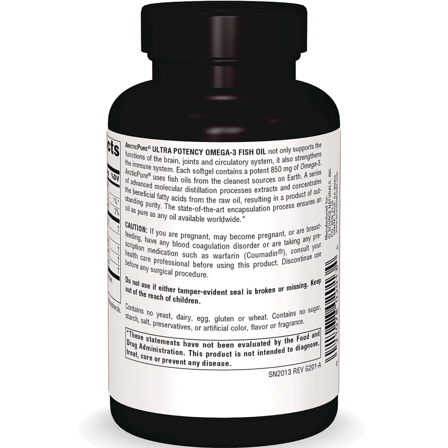 SN318 | Back label of ArcticPure Ultra Potency Omega-3 Fish Oil bottle with caution and ingredients text