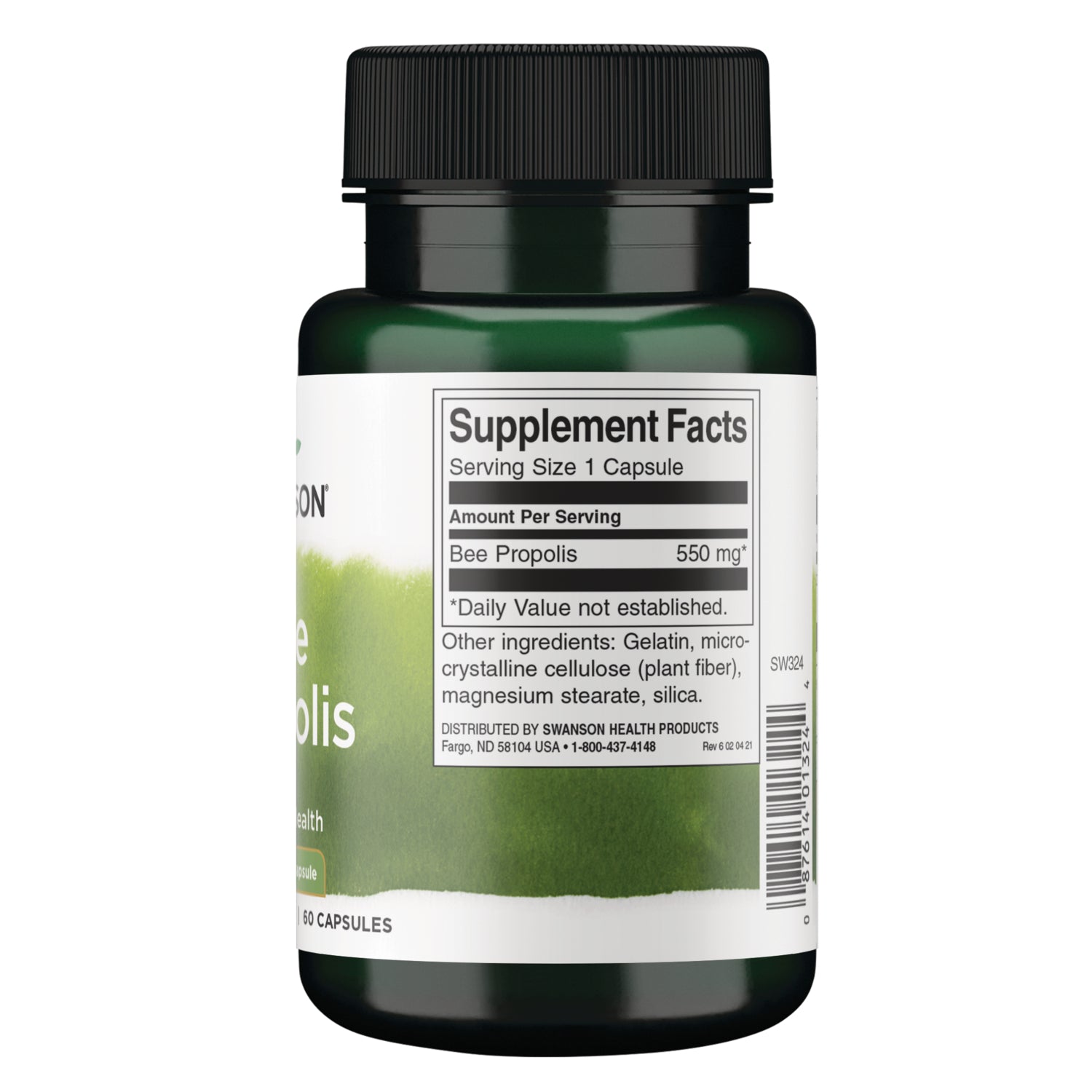 SW324 | Back label with Supplement Facts for Bee Propolis 550 mg, ingredients list, and barcode