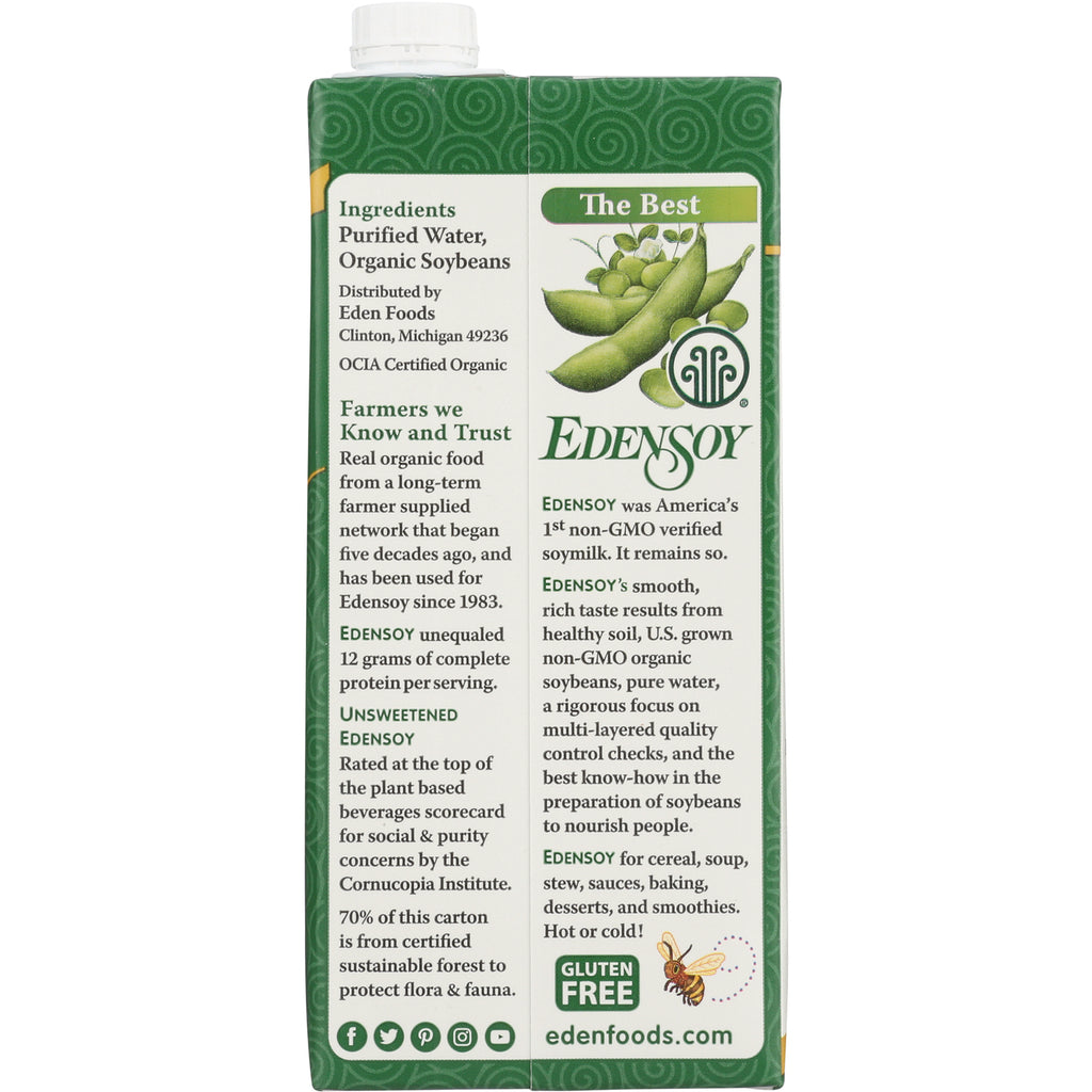 EDF061 | back of Edensoy carton showing ingredients, company information, Edensoy logo, gluten free label and edenfoods.com - Thumbnail