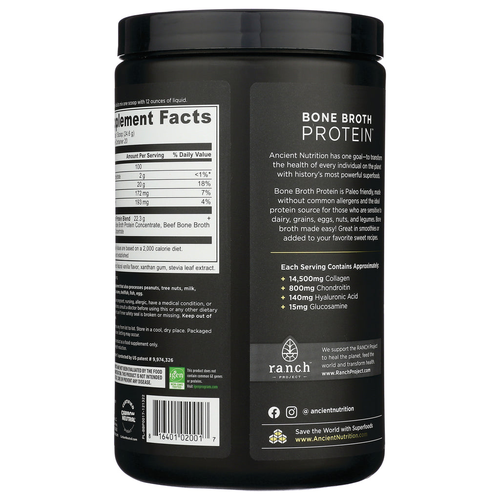 ATN002 | back label of Bone Broth Protein container showing supplement facts, nutrient amounts and barcode - Thumbnail