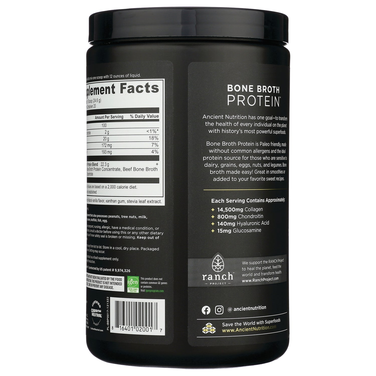 ATN002 | back label of Bone Broth Protein container showing supplement facts, nutrient amounts and barcode