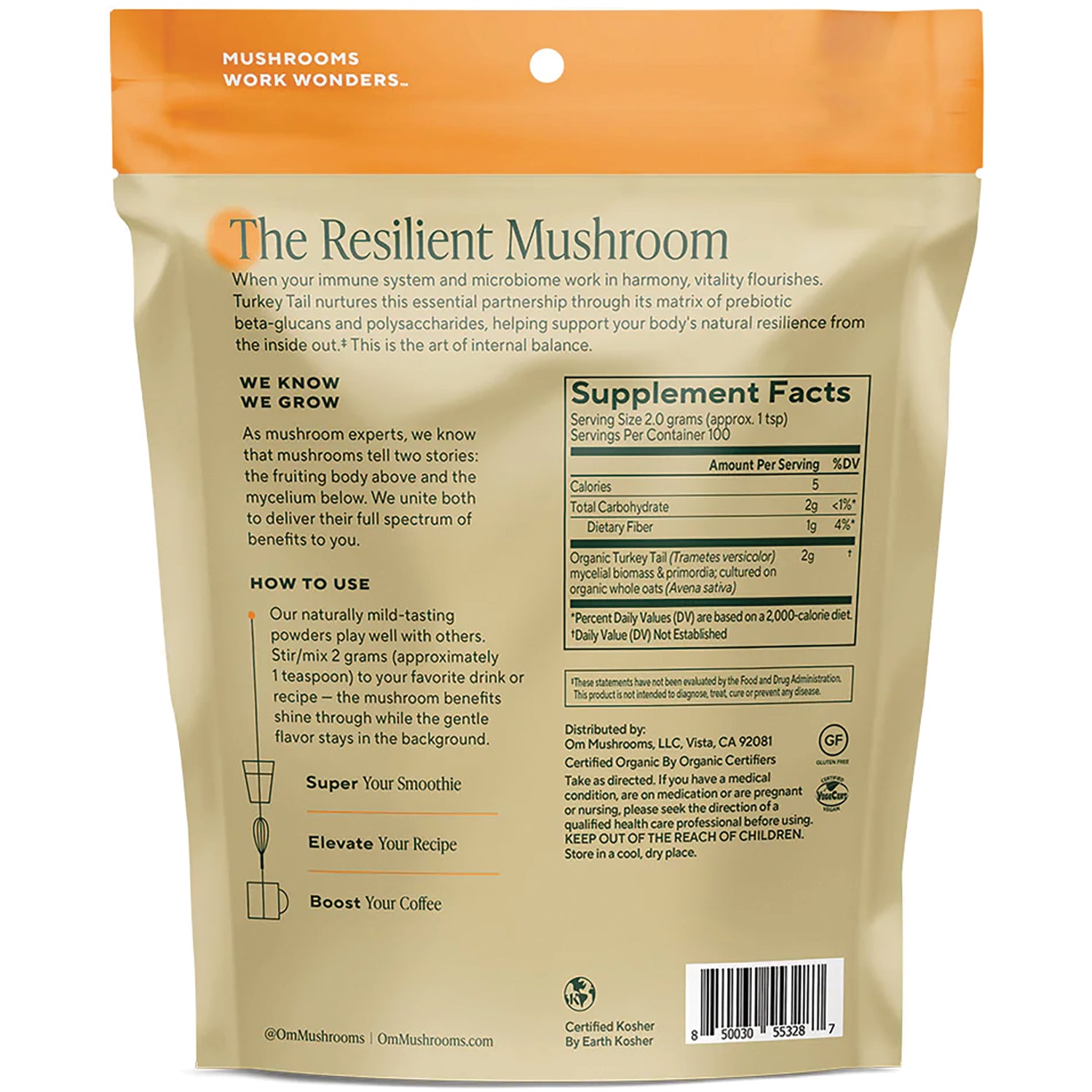 MMX045 | Back of resealable white pouch showing Supplement Facts panel, usage instructions, certifications, and barcode