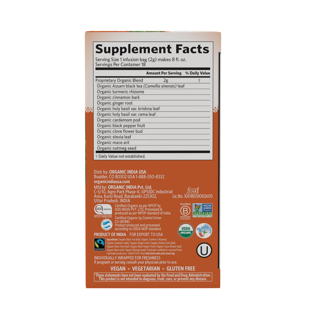 RGN107 | Back of orange tea box showing Supplement Facts panel, ingredients, distributor info and certification logos - Thumbnail