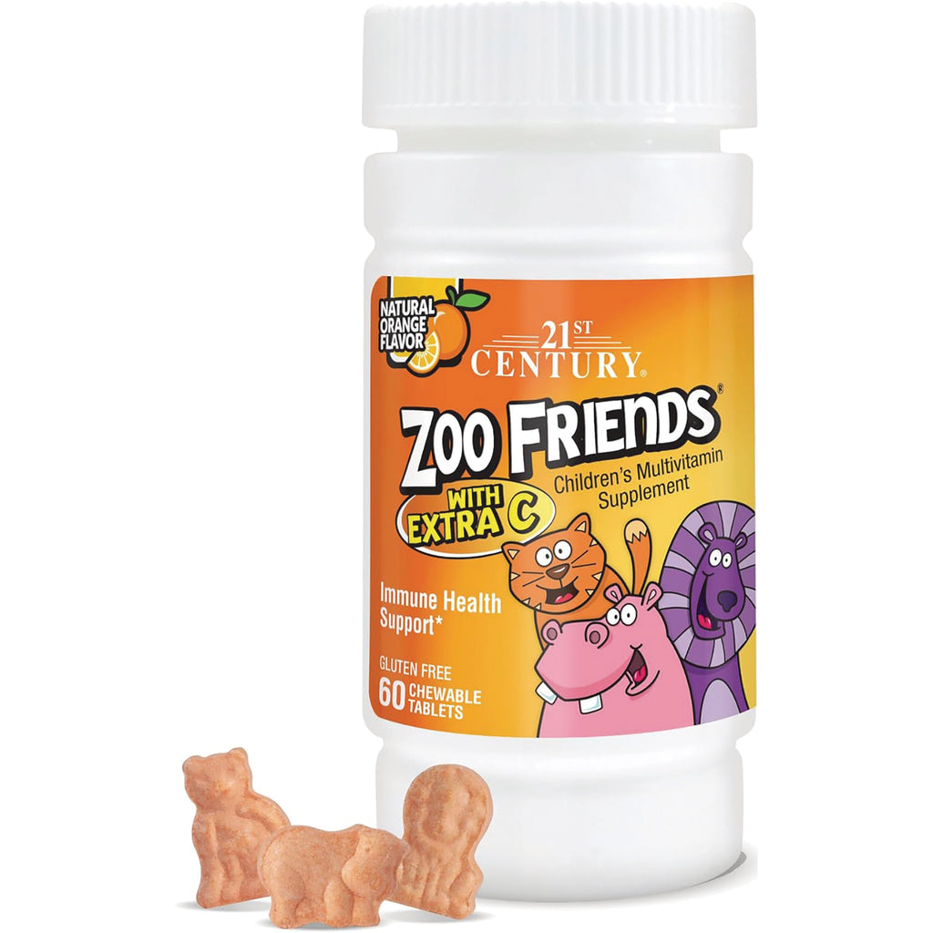 CNT224 | Bottle front of Zoo Friends children's multivitamin with extra C, natural orange flavor, 60 chewable animal-shaped tablets - Thumbnail