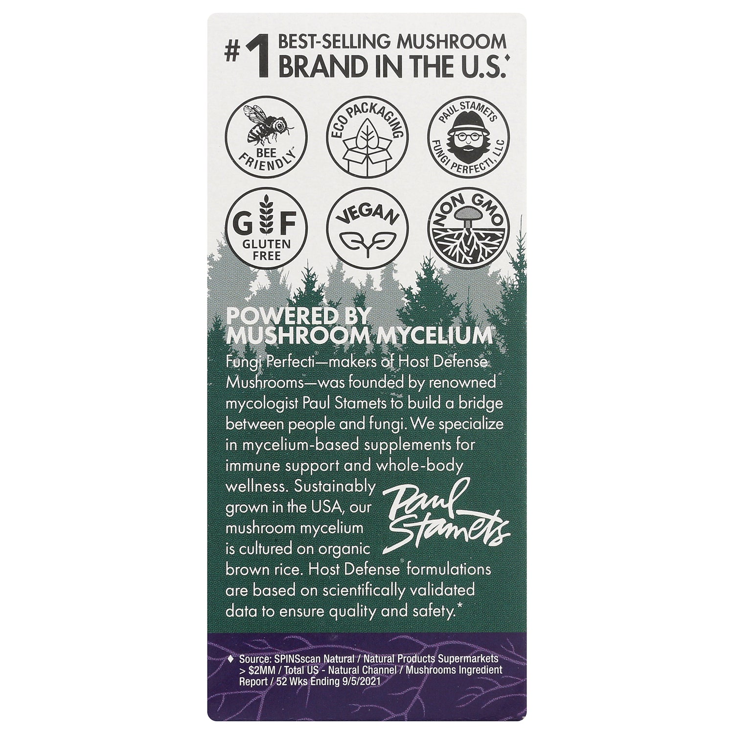 FUN010 | Back panel showing certification icons and text Powered by mushroom mycelium with Paul Stamets signature