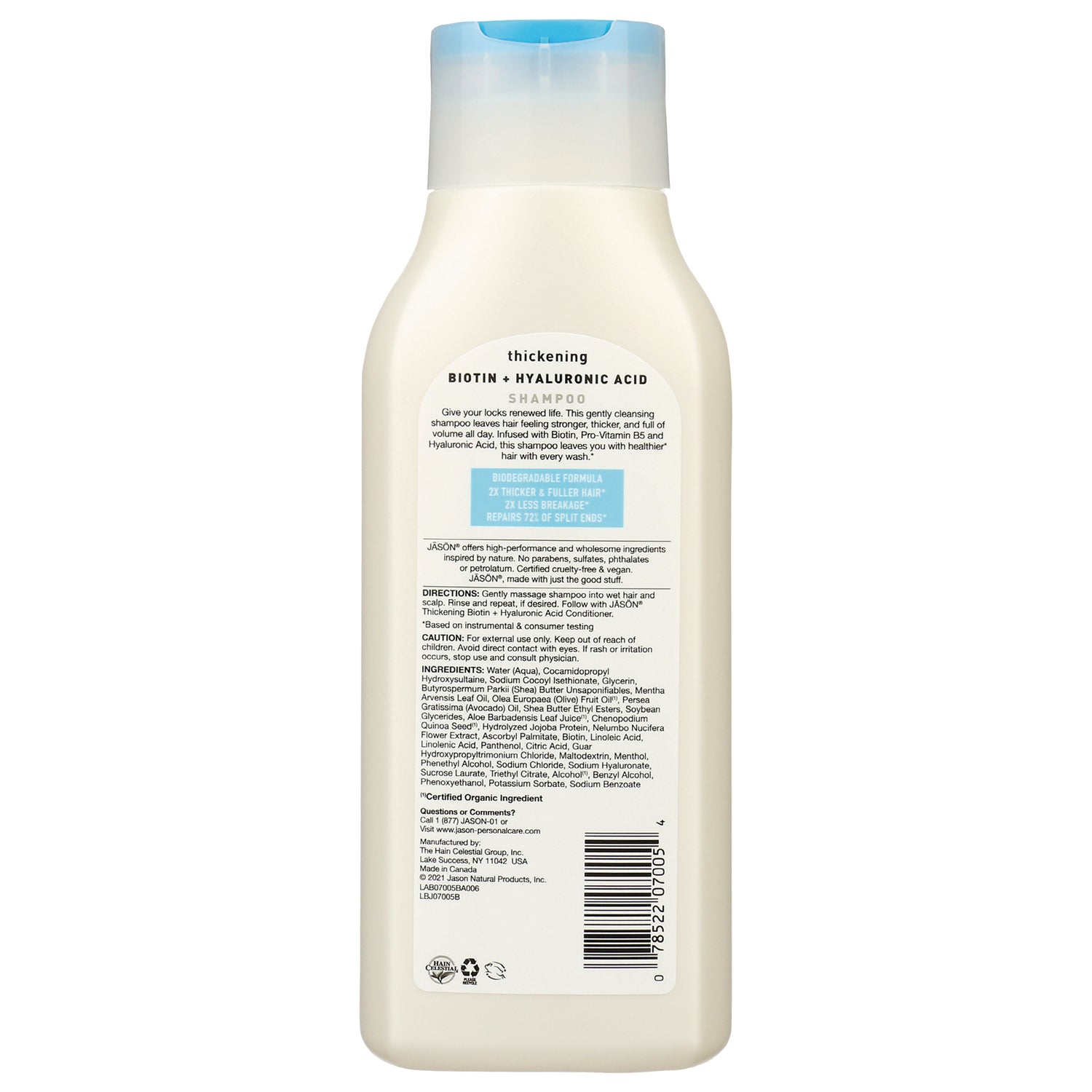 JC012 | back label of thickening Biotin + Hyaluronic Acid shampoo showing ingredients, directions, and barcode