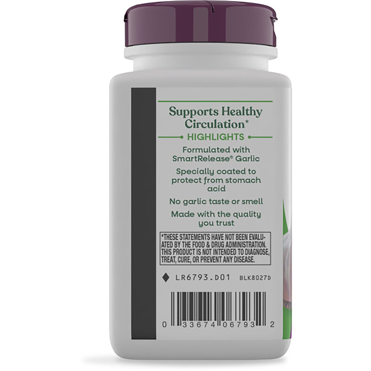 NW015 | back of white supplement bottle with purple cap showing Healthy Circulation Support label, ingredient text and barcode
