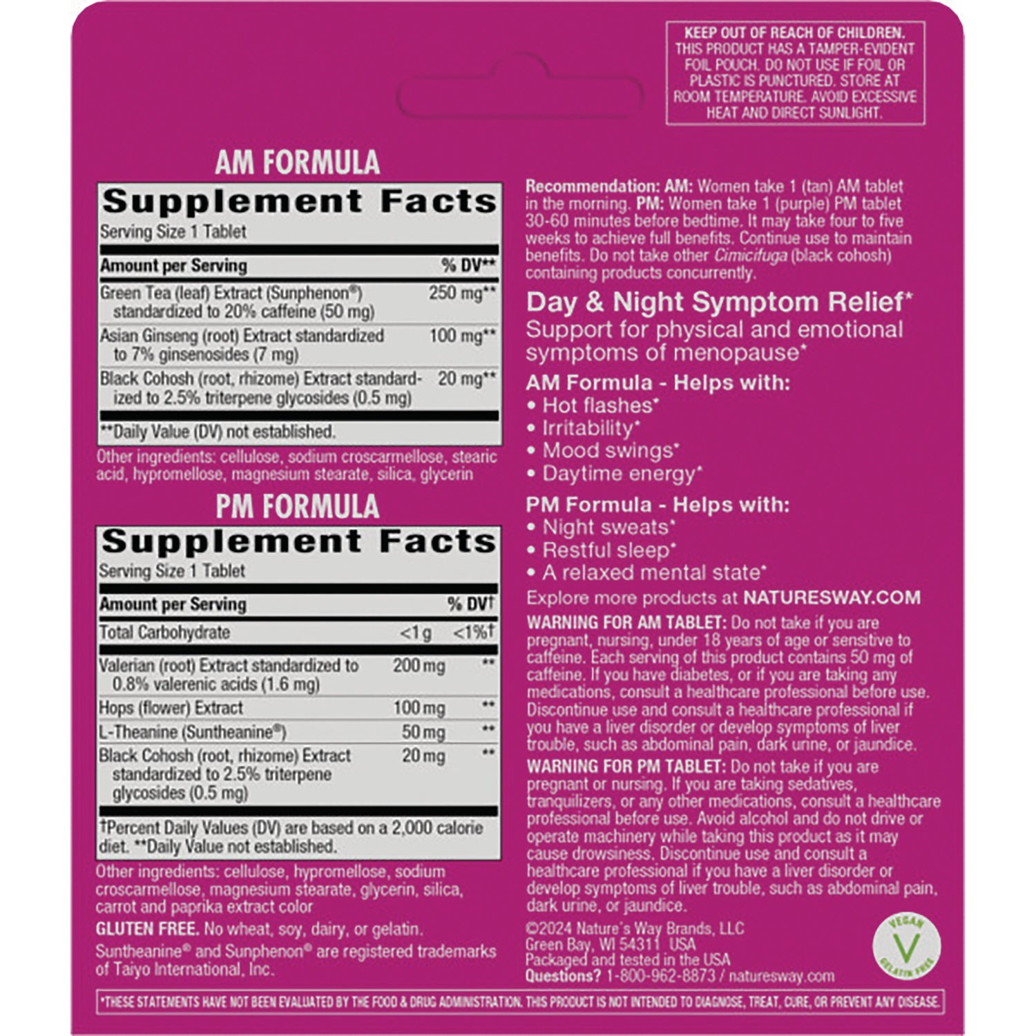 ET247 | Back packaging showing AM and PM Supplement Facts panels, ingredients, directions and warning text
