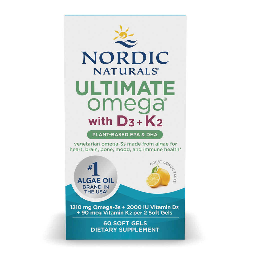 NRN140 | Nordic Naturals Ultimate Omega with D3+K2 front box, plant-based EPA & DHA, lemon graphic, 60 soft gels - Thumbnail