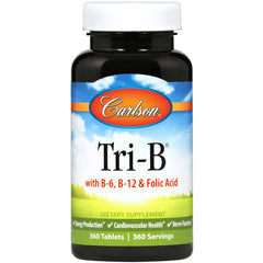 CSN151 | Carlson Tri-B dietary supplement bottle front label with B-6, B-12 & Folic Acid, 360 tablets