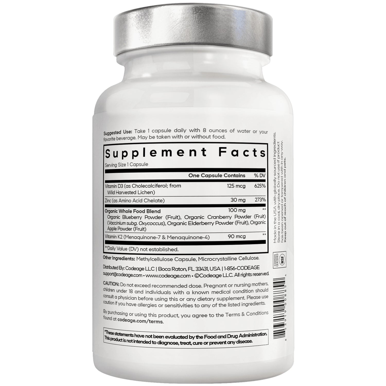 CDG048 | Back of white supplement bottle showing Supplement Facts panel, serving size, ingredients and barcode