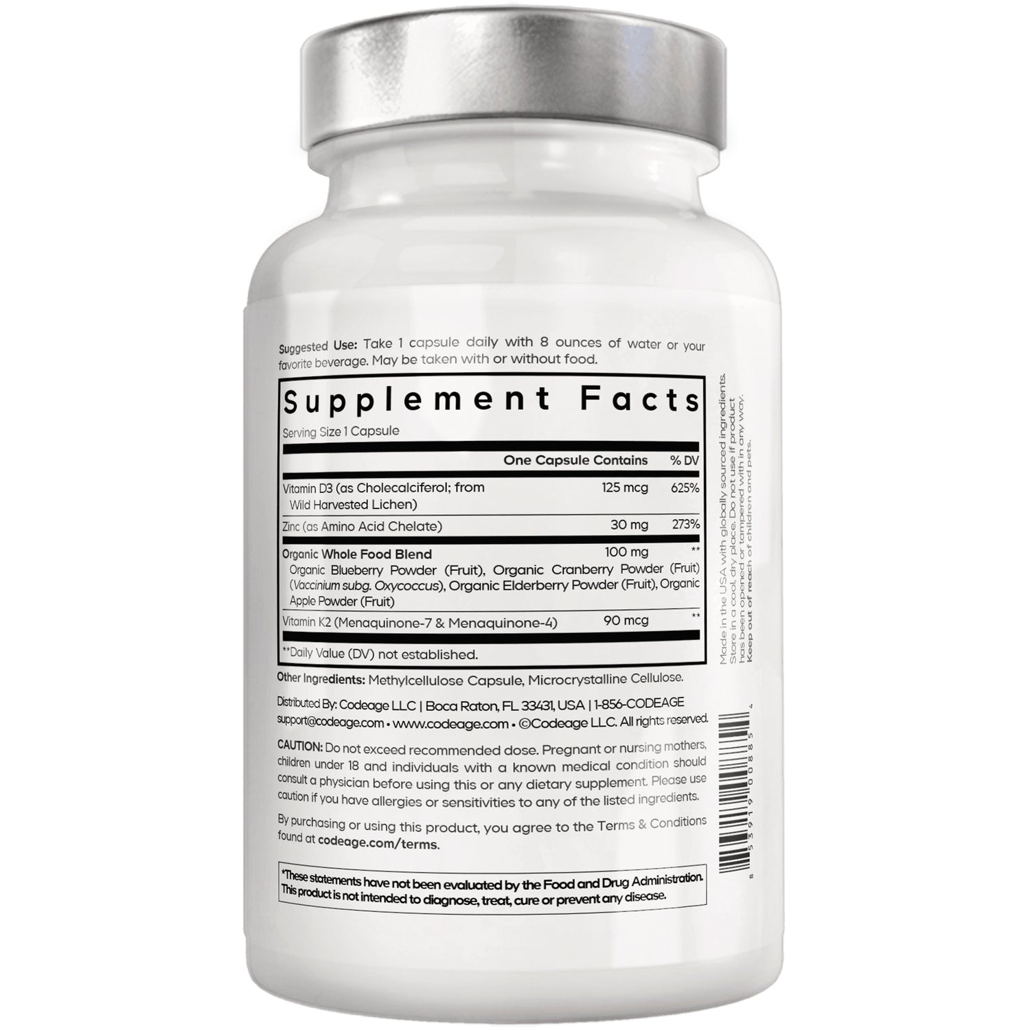 CDG048 | Back of white supplement bottle showing Supplement Facts panel, serving size, ingredients and barcode