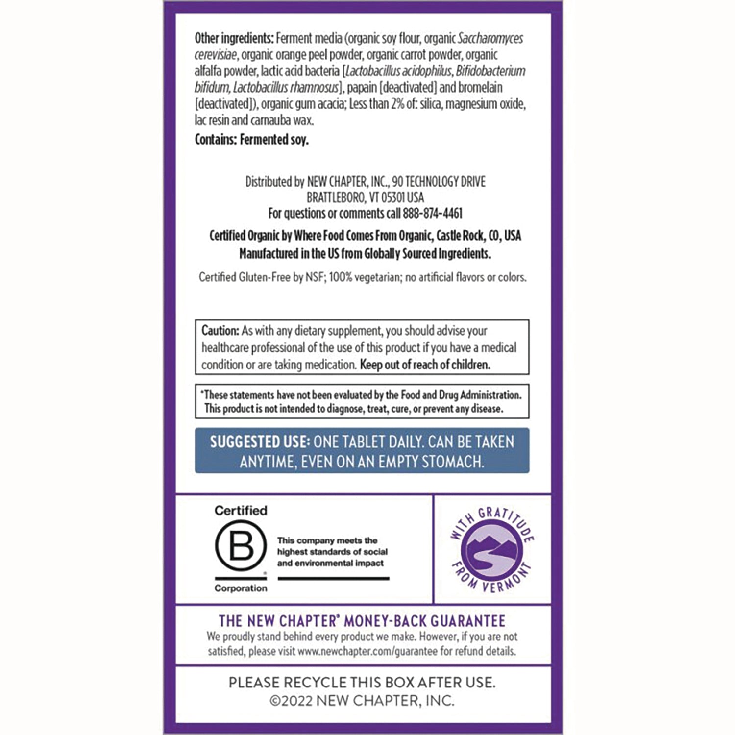 NWC320 | back of supplement box showing ingredients, caution, suggested use, certification seals and recycle notice