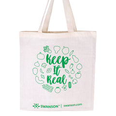 GFTKEEPIT1 | White reusable tote bag with green Keep It Real text and vegetable illustrations, Swanson logo