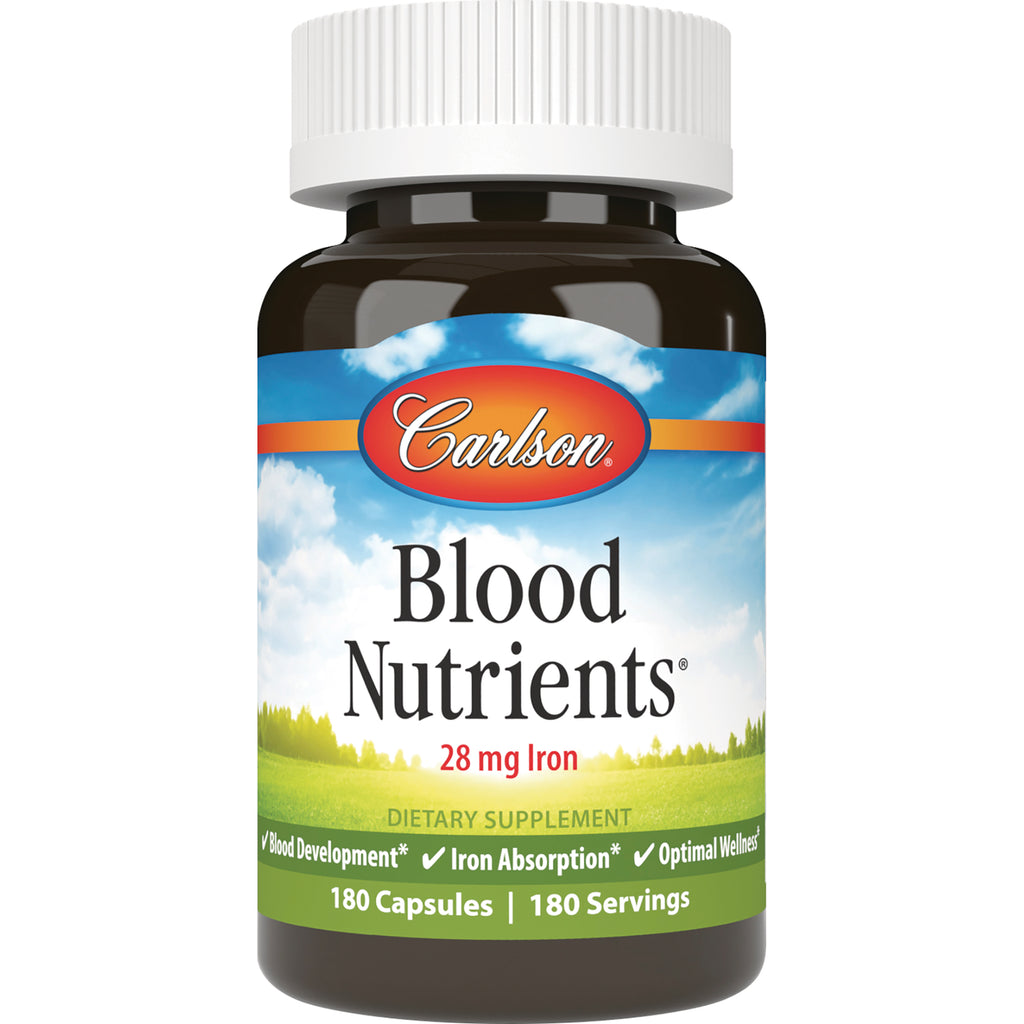 CSN321 | Carlson Blood Nutrients 28 mg Iron dietary supplement bottle front label, 180 capsules - Thumbnail