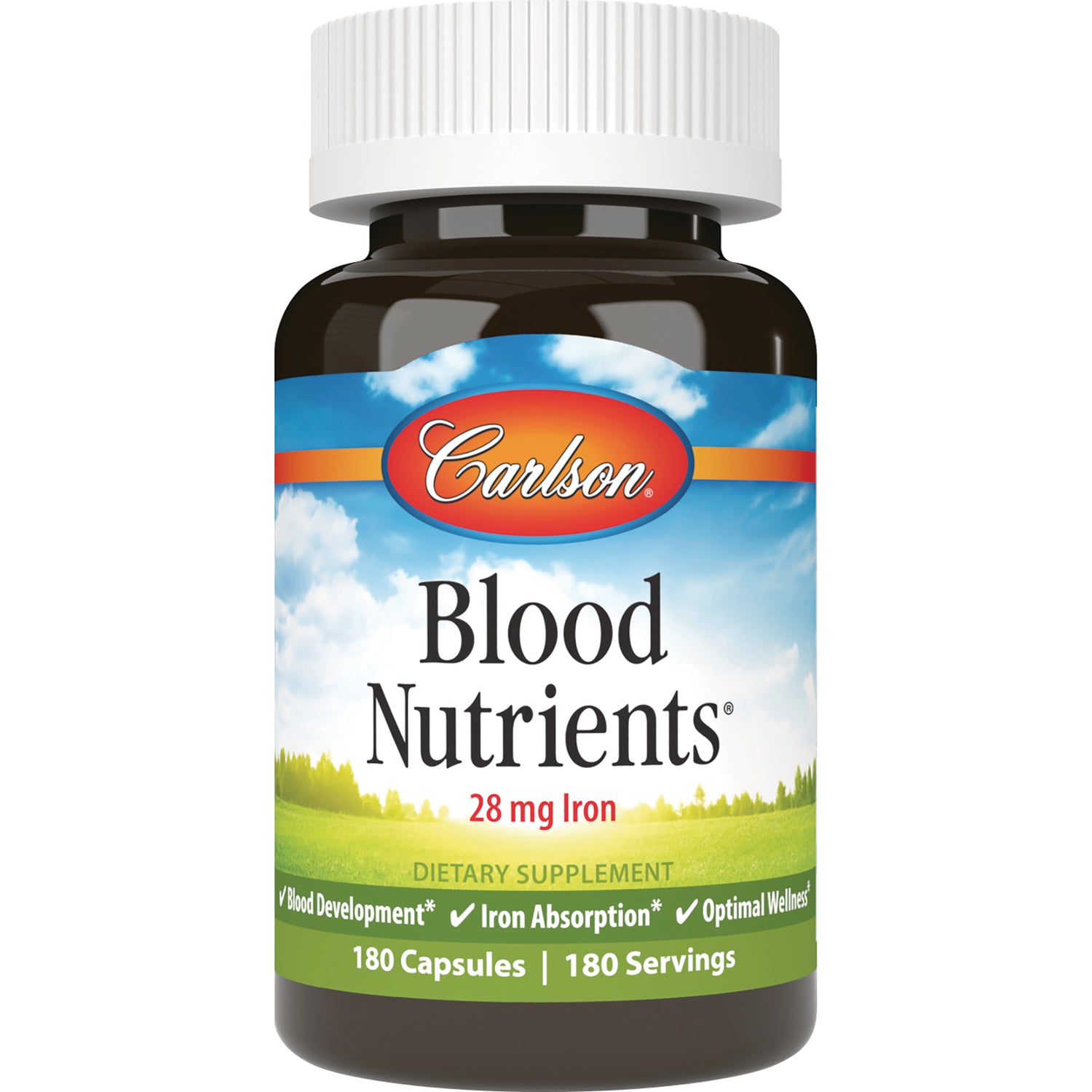 CSN321 | Carlson Blood Nutrients 28 mg Iron dietary supplement bottle front label, 180 capsules