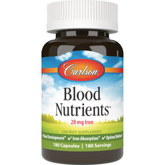 CSN321 | Carlson Blood Nutrients 28 mg Iron dietary supplement bottle front label, 180 capsules