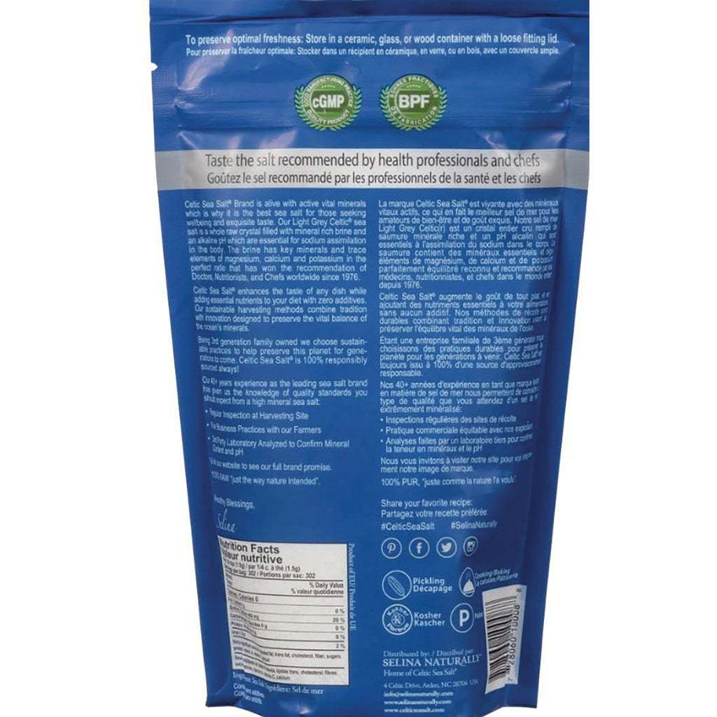Blue resealable bag back showing nutrition facts, ingredients text, certifications and barcode - Thumbnail