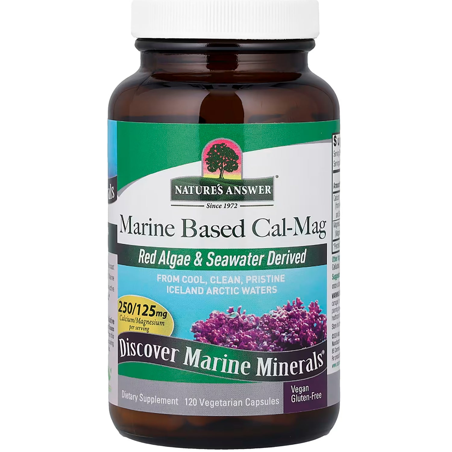 NAT399 | Nature's Answer Marine Based Cal-Mag bottle front label showing 500/250 mg and 120 vegetarian capsules