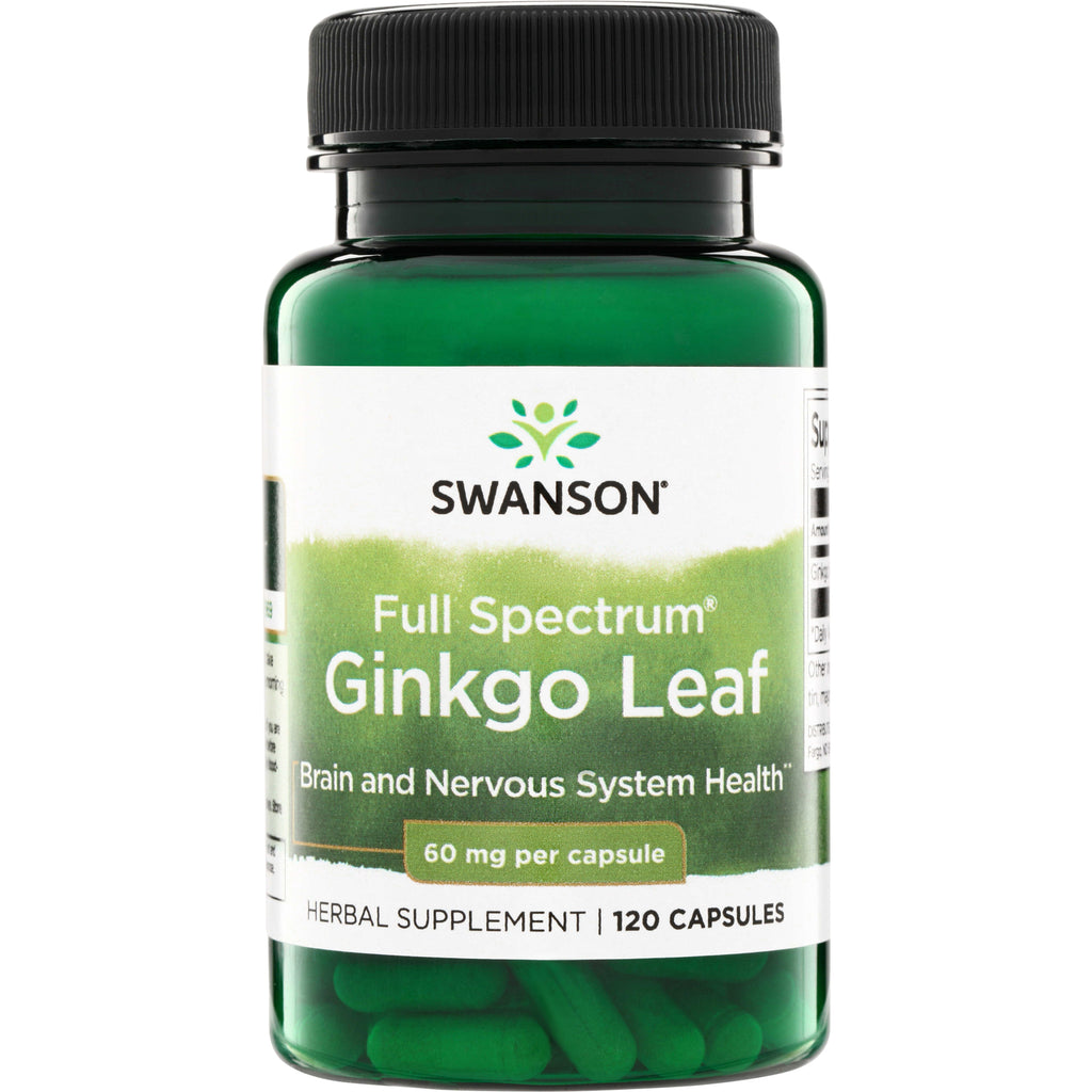 SW1144 | Swanson Full Spectrum Ginkgo Leaf supplement bottle front, 60 mg per capsule, 120 capsules - Thumbnail
