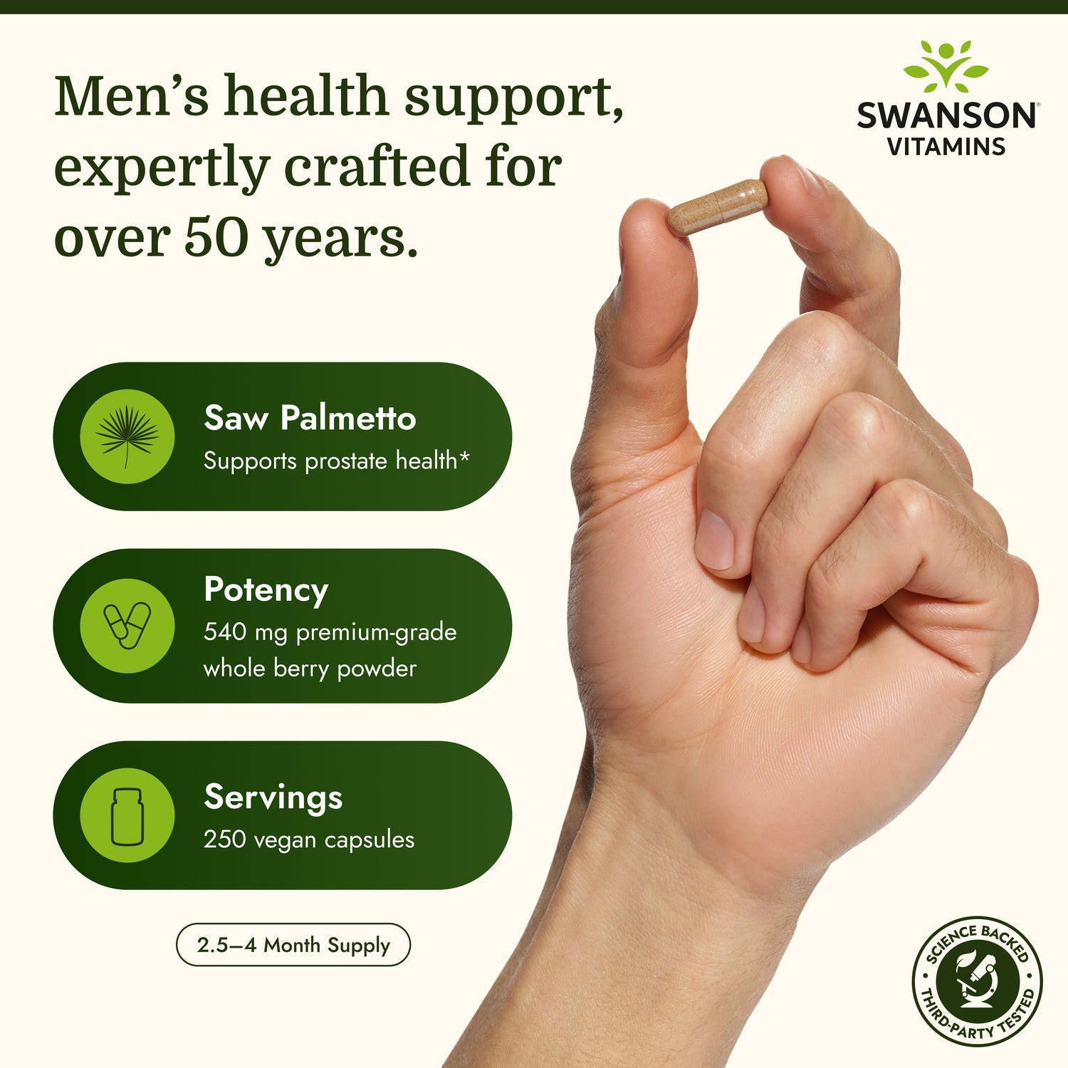 SW910 | Prostate support herbal formula banner with Swanson Saw Palmetto bottle and benefits list