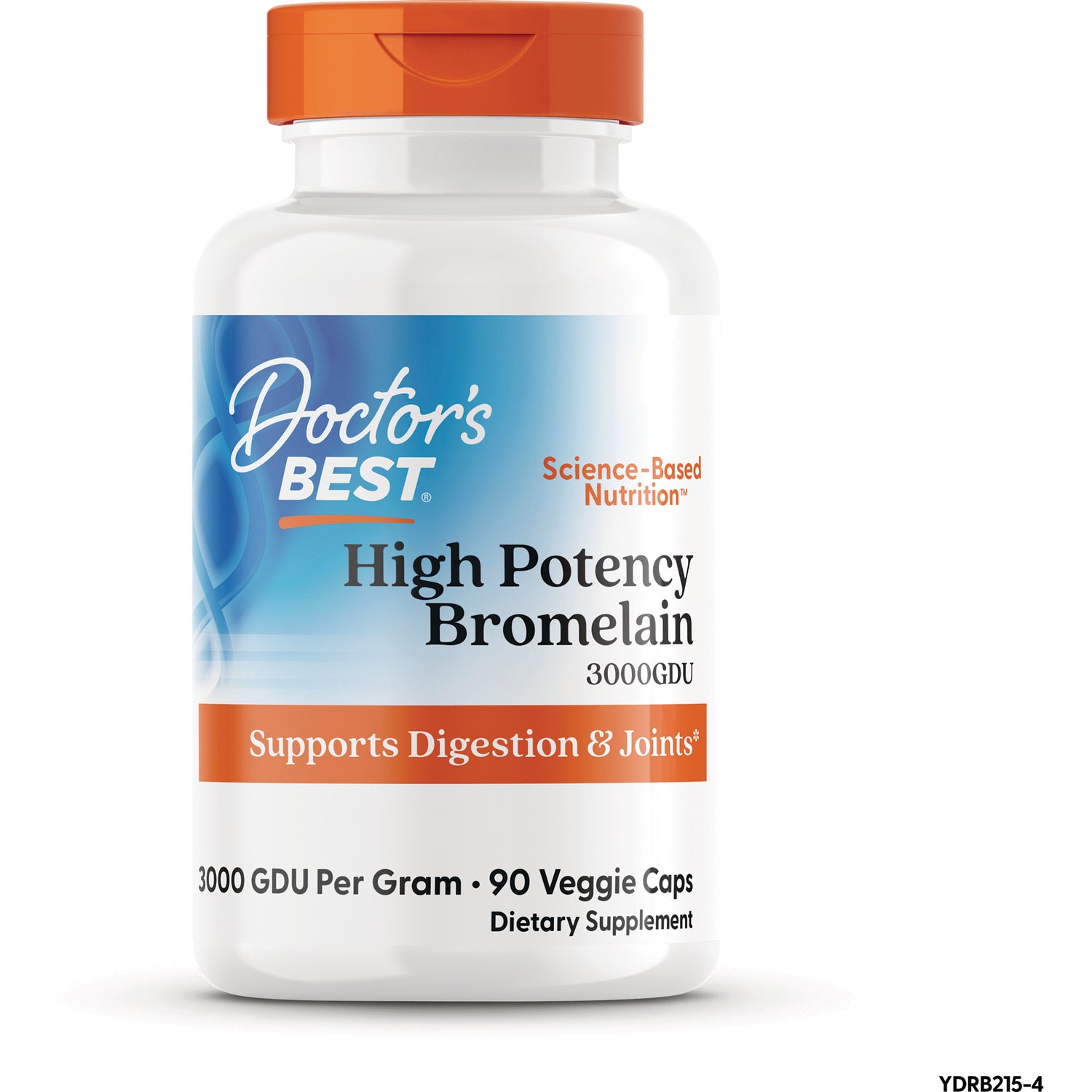 DB195 | Doctor's Best High Potency Bromelain bottle with orange cap, label reads Supports Digestion & Joints and 3000 GDU, 90 veggie caps