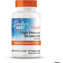 DB195 | Doctor's Best High Potency Bromelain bottle with orange cap, label reads Supports Digestion & Joints and 3000 GDU, 90 veggie caps