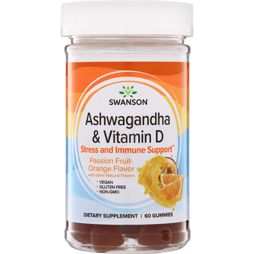 SW1924 | Swanson Ashwagandha & Vitamin D gummies, Stress and Immune Support, Passion Fruit-Orange flavor, 60 gummies - Thumbnail