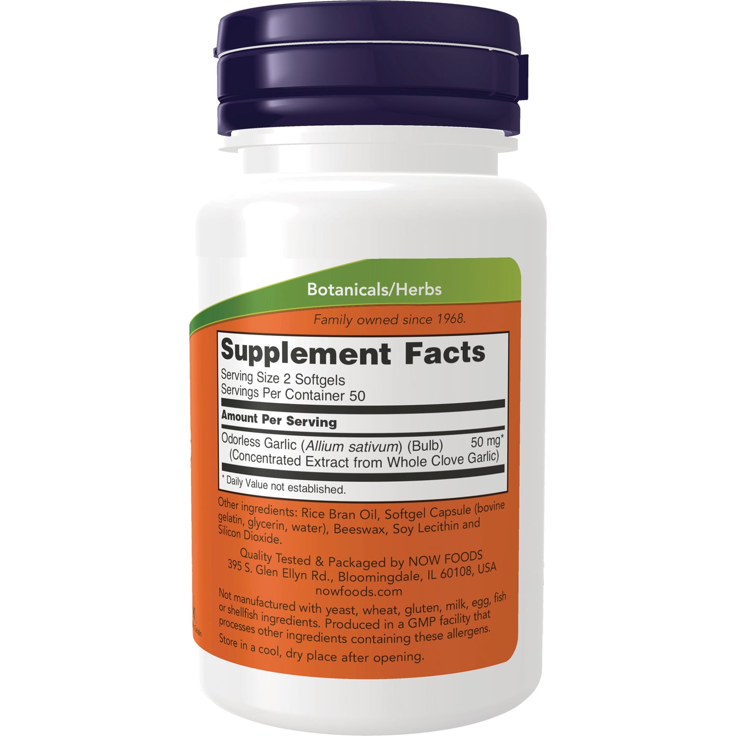 NWF695 | back of white supplement bottle with Supplement Facts panel listing odorless garlic 50 mg and ingredients