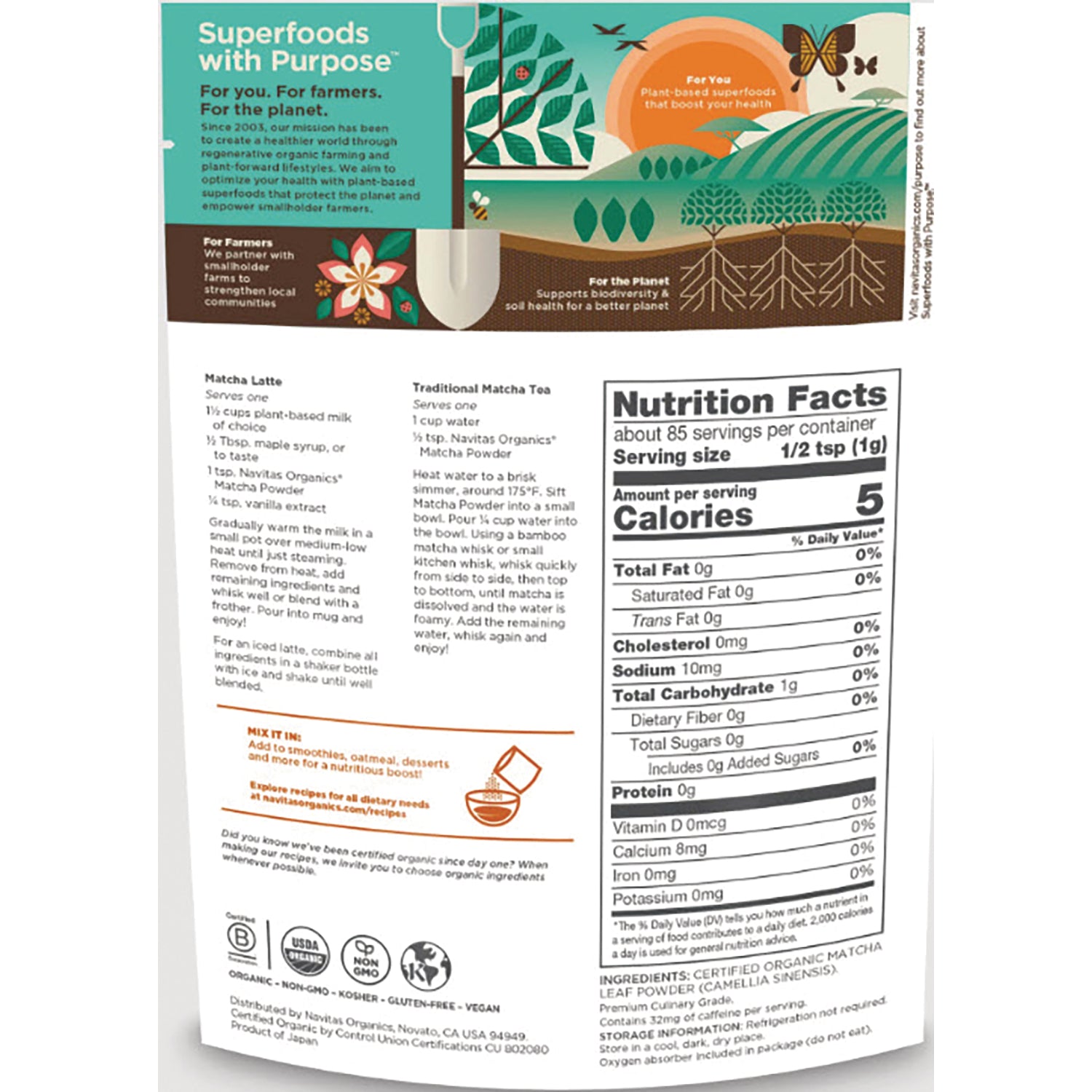 NAV064 | back of matcha powder pouch showing Superfoods with Purpose panel, recipes and Nutrition Facts label