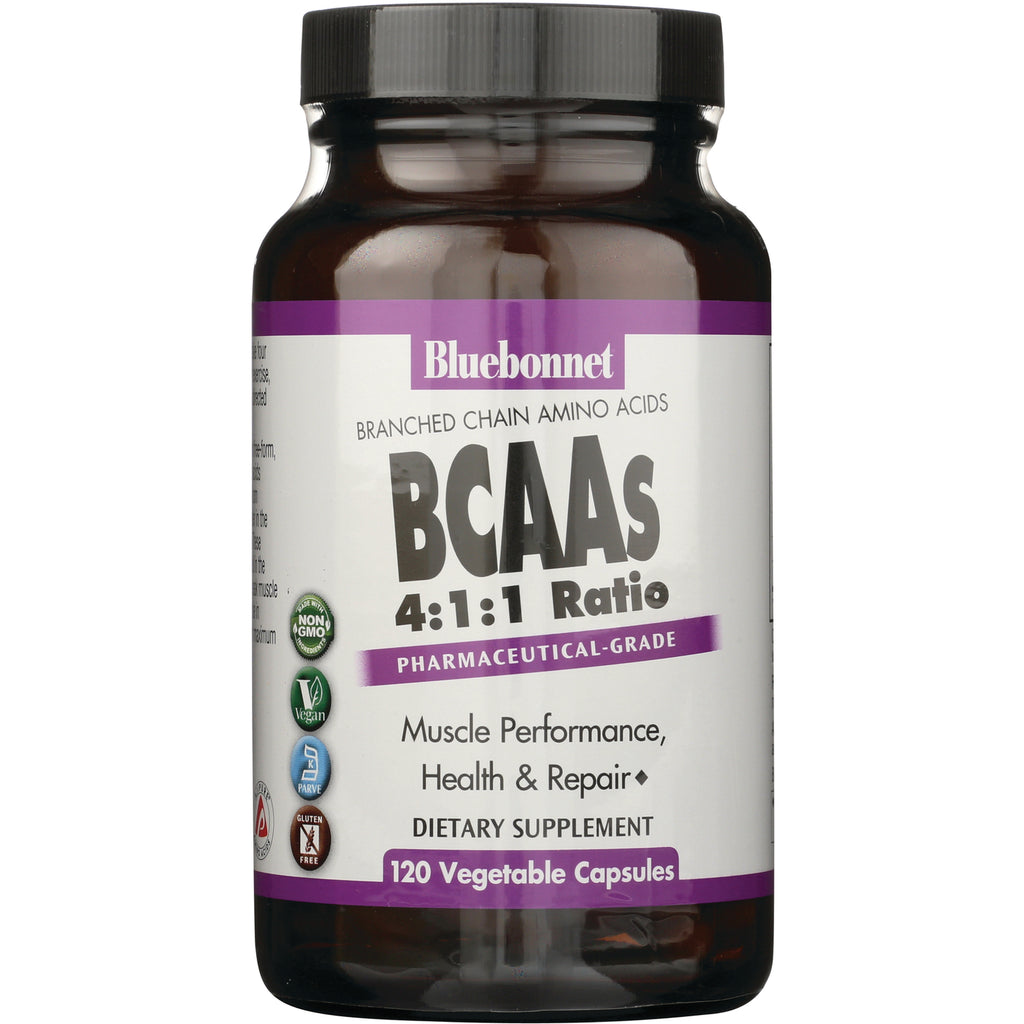 BLU053 | Bluebonnet BCAAs 4:1:1 Ratio dietary supplement bottle labeled 120 Vegetable Capsules - Thumbnail