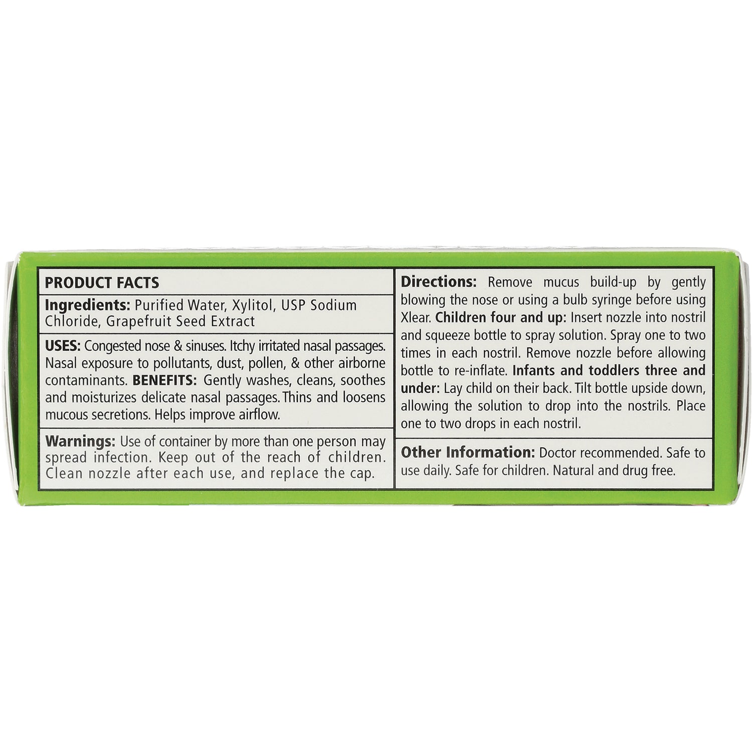 XL012 | Back of nasal spray box showing Product Facts, Ingredients: Purified Water, Xylitol, Sodium Chloride; directions and warnings
