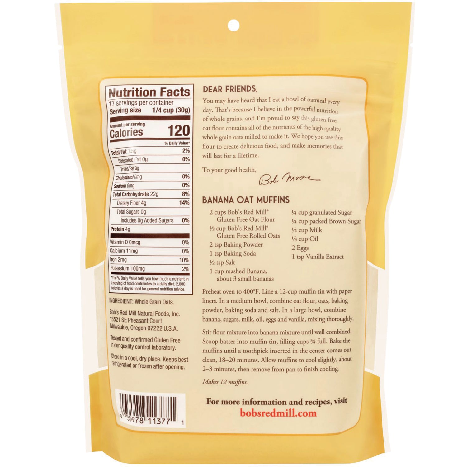 BOB431 | Back of yellow Bob's Red Mill package showing nutrition facts, ingredient list, banana oat muffins recipe and barcode