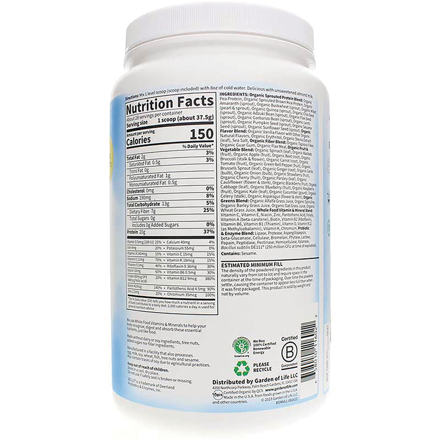 GLF143 | back label showing Nutrition Facts panel, ingredients list, certifications and barcode on white supplement jar