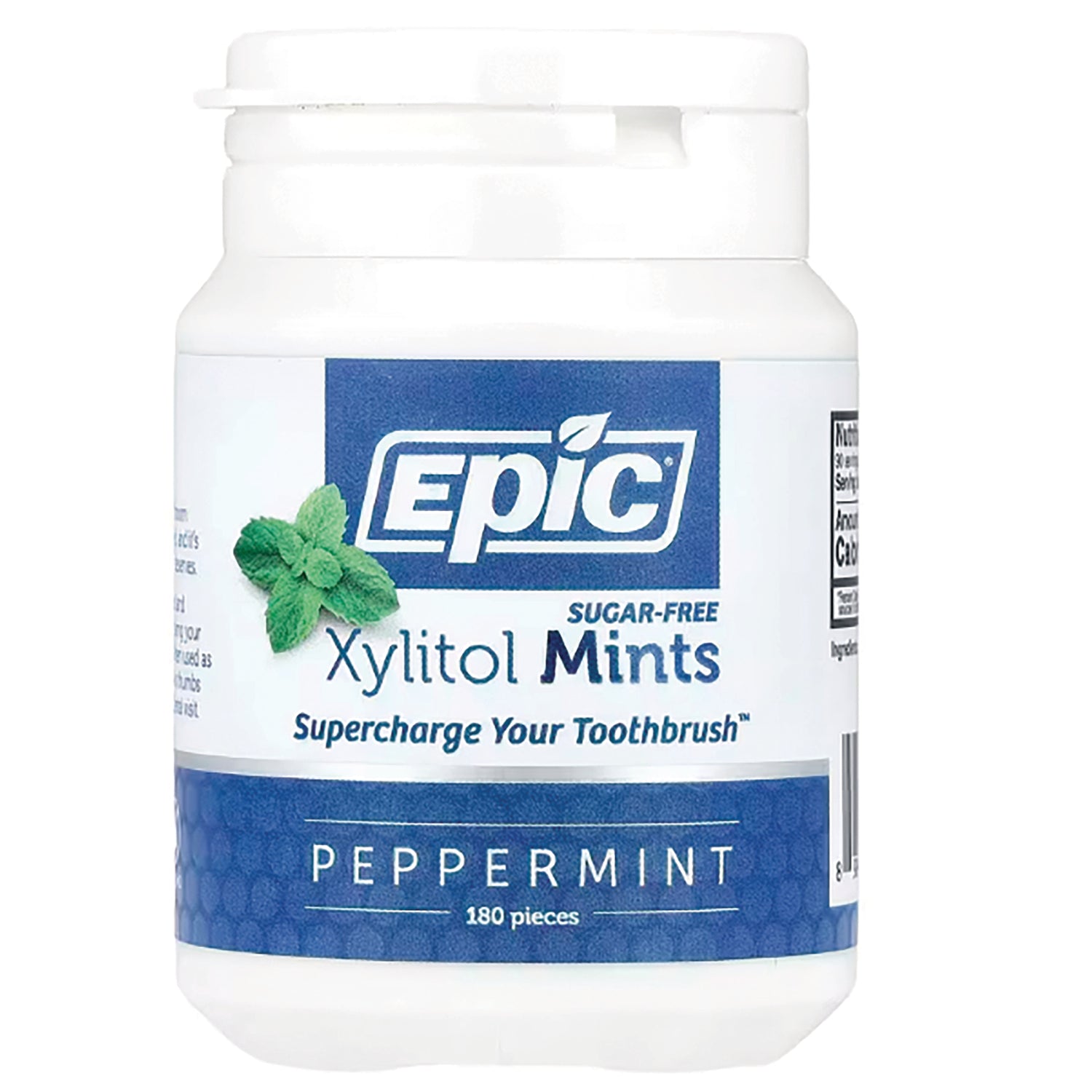 EPI008 | Epic Xylitol sugar-free peppermint mints jar, 180 pieces, white bottle with blue label showing brand and flavor