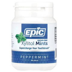 EPI008 | Epic Xylitol sugar-free peppermint mints jar, 180 pieces, white bottle with blue label showing brand and flavor